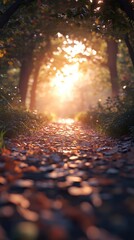 A serene forest path illuminated by soft sunlight, surrounded by trees and fallen leaves, inviting tranquility and reflection.