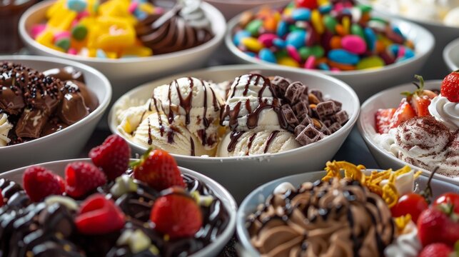 Ice cream sundae bar with toppings and sauces