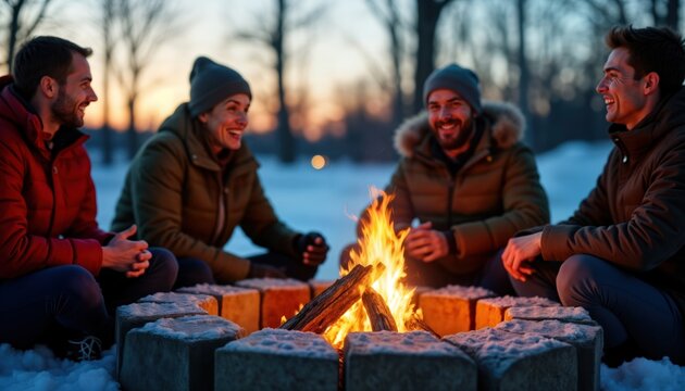 Friends gather around glowing fire pit in winter. Enjoy warm evening, conversation. Winter scenery surrounds. Intimate moment. Group sharing stories, laughter. Outdoor winter gathering. Peaceful,