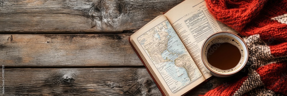 Poster cozy travel flatlay featuring a warm cup of coffee and an open travel guide on a rustic wooden table
