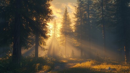 A serene forest scene illuminated by golden sunlight, with rays piercing through the trees, creating a tranquil atmosphere.