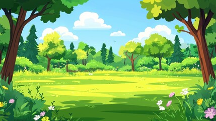 A Vibrant Summer Forest Clearing with Lush Green Foliage and Blooming Flowers
