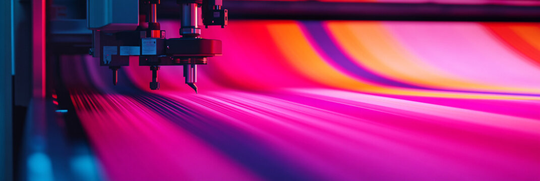 An industrial textile printer producing a bold, abstract geometric design in neon colors, symbolizing innovation in fashion and home dcor.  