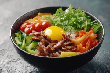 Korean dish featuring rice assorted vegetables fried pork and egg yolk