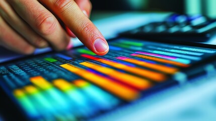 Hand Pointing to Charts on Tablet Screen with Business Documents