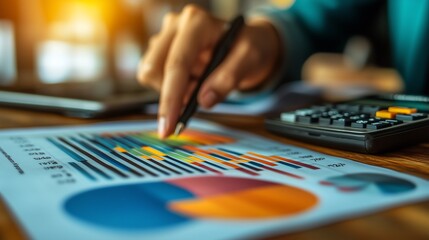 Hand Pointing to Charts on Tablet Screen with Business Documents