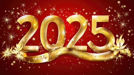 Golden 2025 Celebration with Snake and Lotus on Red Background