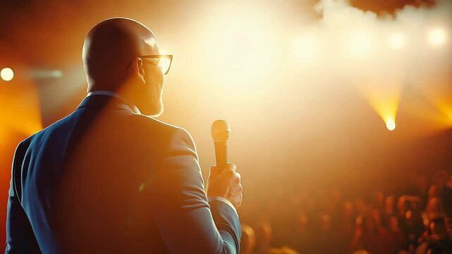 Celebrity public speaker giving an inspiring talk at an international business development conference. Business man using a microphone to deliver a strong message and coaching advice