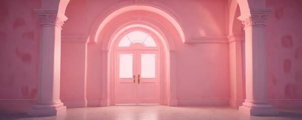 Fototapeta premium Pink arched doorway flanked by matching pillar columns in a soothing pink hue, gentle curves , calming entrance, column architecture