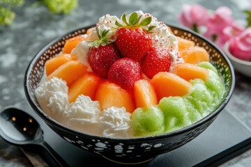 Milk cream fruit bingsu featuring strawberry and melon
