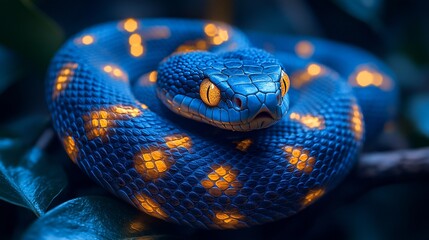 Obraz premium A luminous blue snake rests among dark green leaves