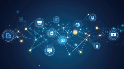 Digital Network Connection with Icons and Blue Background Effects