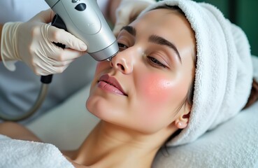 Woman relaxes during advanced skin resurfacing laser treatment. Pro beautician applies laser device to enhance skin texture. Procedure improves skin condition, stimulates collagen. Patient lies on