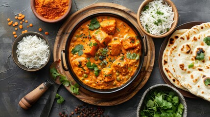Indian cuisine spread with curry, naan bread, and basmati rice