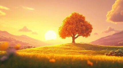 A serene landscape featuring a vibrant orange tree against a sunset backdrop, evoking tranquility and natural beauty.