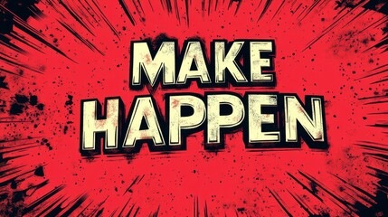 Motivational poster with "Make Happen" text on red background.