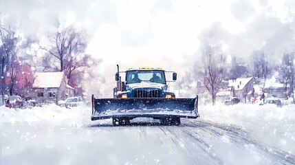 Winter road maintenance snowplow clearing urban streets, showcasing its efficiency, depicted in a polished, high-detail illustration style