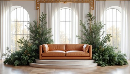  A modern living room features a large orange leather sofa with two matching armrests, flanked by two tall potted plants with lush green leaves, and a white marble floor.