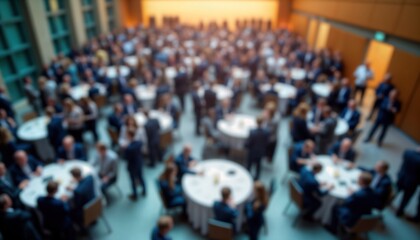 Obraz premium Corporate event inside conference hall. Many people socializing, networking. Indoor business gathering. Professional atmosphere. Business meeting convention. Round tables set up for interactions.