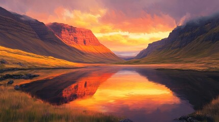 Fototapeta premium A serene landscape featuring mountains, a calm lake, and a vibrant sunset reflecting on the water.
