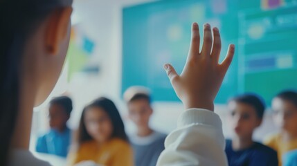 Teacher guiding students through an interactive lesson using a smartboard. Featuring engaged students and digital tools