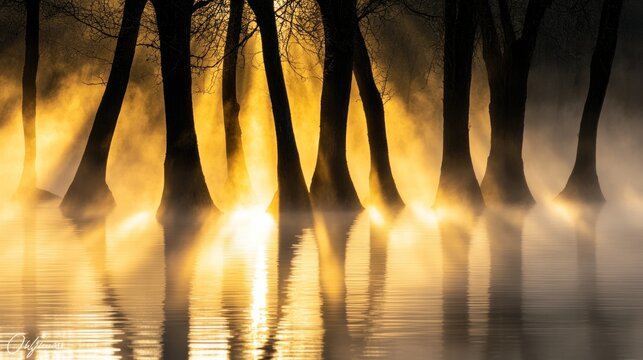 A serene landscape featuring silhouetted trees emerging from mist, illuminated by a warm golden light reflecting on the water.