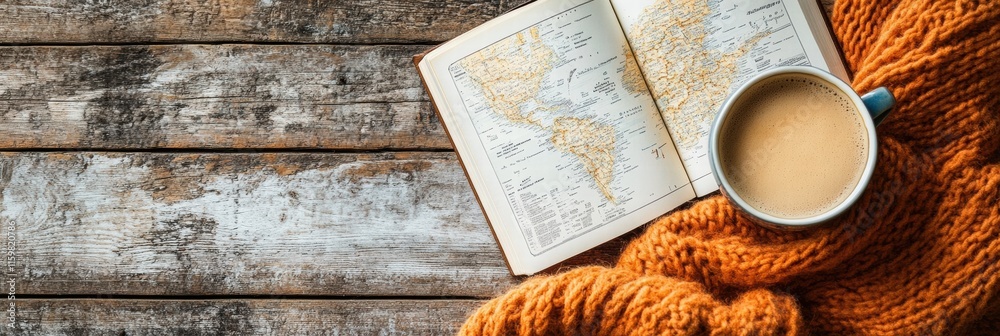 Poster coffee in a cozy flatlay with an open travel guide for adventure planning on a wooden table. generat