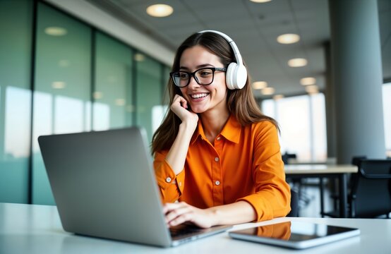 Young woman working on laptop inside modern office. Wears stylish orange shirt, headphones. Woman smiling, listening to online podcast audio course. Sits at workplace in contemporary office. Enjoying