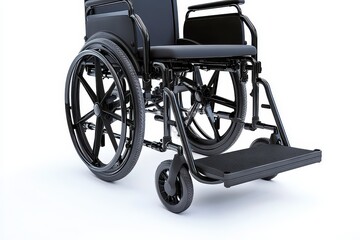 Fototapeta premium A black wheelchair with large wheels and footrests, designed for mobility assistance.