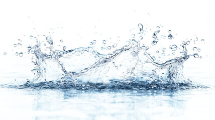 Symmetrical water splash with droplets and ripples on a reflective surface, set against a clean transparent background