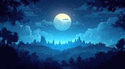 Silhouetted Cityscape Under a Full Moon and Starry Sky