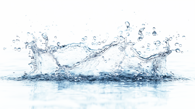 Symmetrical water splash with droplets and ripples on a reflective surface, set against a clean transparent background