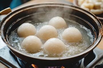 Preparing lucky Tang Yuan by boiling glutinous rice balls on a gas stove Theme Chinese New Year celebrations close up selective focus