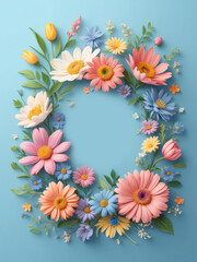 Colorful spring flowers on a blue background with copy space
