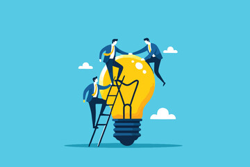 Collaborative Success, Businessmen Helping Colleagues Climb Towards a Bright Idea