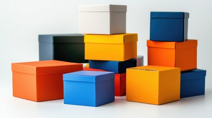 Obraz premium A vibrant stack of colorful gift boxes arranged in various sizes, showcasing a mix of blue, orange, yellow, and white tones against a light background.