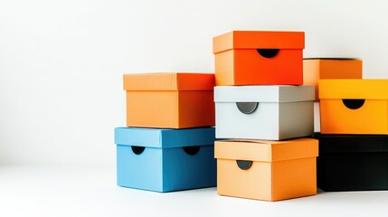 Obraz premium A vibrant stack of colorful storage boxes arranged neatly, showcasing a variety of hues against a clean, minimalistic background.