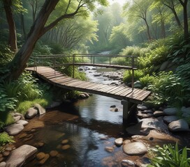 Scenic footbridge over tranquil stream in lush Tiffany Falls Conservation Area, relaxation, nature, peaceful