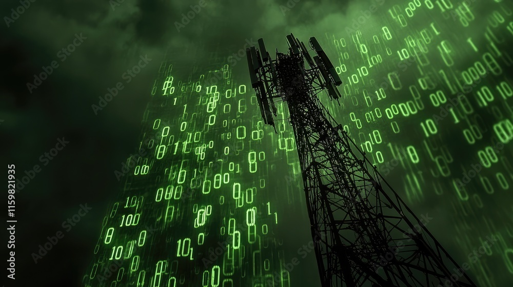 Poster green digital background with tower and binary code visualization