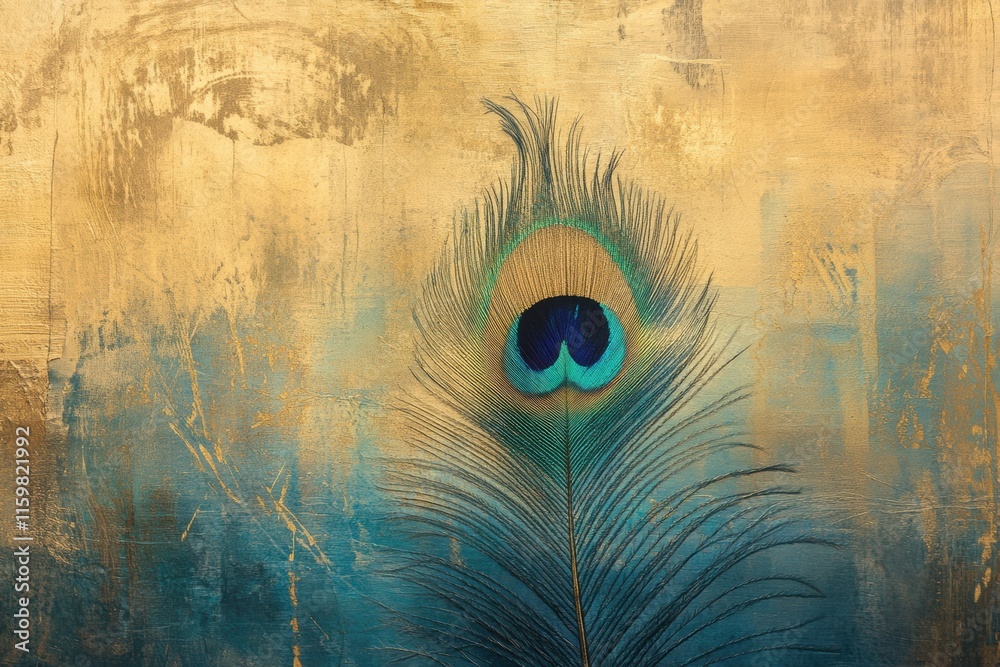 Poster Close up of a vibrant peacock feather exhibiting intricate textures and patterns on a textured background. Generative AI