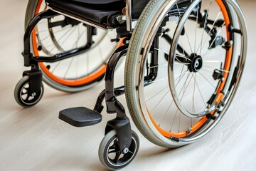 Obraz premium A close-up of a wheelchair, highlighting its wheels and footrest for mobility assistance.
