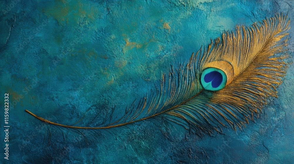 Aufkleber intricate close up of a peacock feather showcasing vibrant colors and unique texture against a blue 