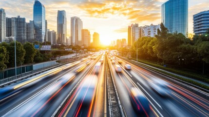 Vibrant City Skyline with Busy Freeway at Sunset