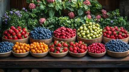 Vibrant display of fresh fruits in wooden bowls