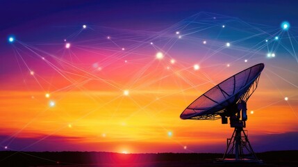 Satellite Dish Transmitting Signals Against Vibrant Sunset Sky