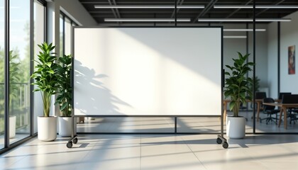 Modern office space features large empty white whiteboard. Blank display board on wheels. Green plants in white pots. Sun shines through windows. Bright interior design. Suitable for presentations,