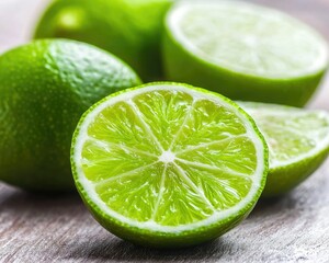 Fresh green limes, cut open to reveal juicy, zesty flesh, are displayed on a wooden surface, highlighting their vibrant color and texture.