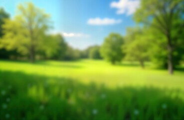 Obraz premium Impressionistic spring landscape. Green meadow with blurred trees under bright blue sky. Soft focus suggests sunny day in park garden. Natural beauty in soft colors. Freshness of spring season.