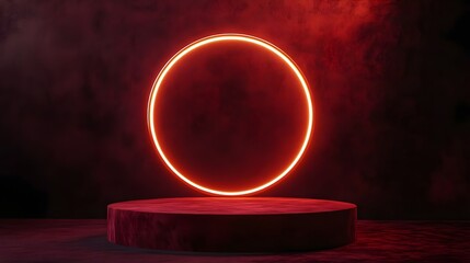 Red velvet podium with neon ring backdrop