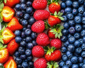 A vibrant arrangement of strawberries, raspberries, and blueberries, showcasing their rich colors and textures, perfect for healthy eating and dessert ideas.